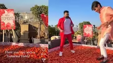 A haldi celebration with tomatoes trampled on