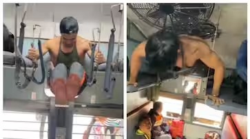 Young man turns running train into gymnasium