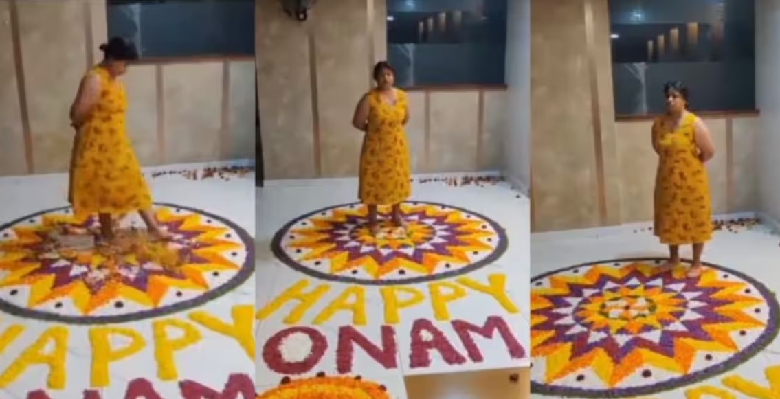 A Malayali woman trampled and destroyed an Onapukalam in Bengaluru