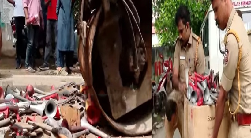 After collecting fines for the seized air horns, the MVD destroyed them by loading them with a road roller.
